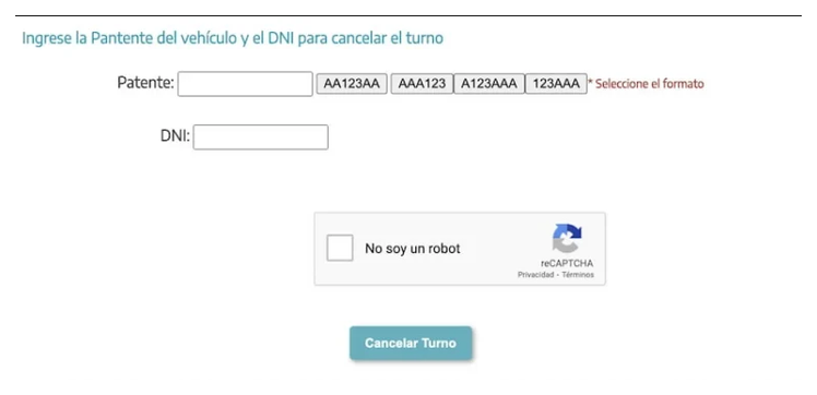 Pantalla para cancelar el turno de la VTV en Olavarría con patente y DNI